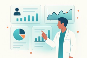 Healthcare professional analyzing statistical charts and data trends in a digital healthcare environment promoting informed decision making and enhanced patient outcomes