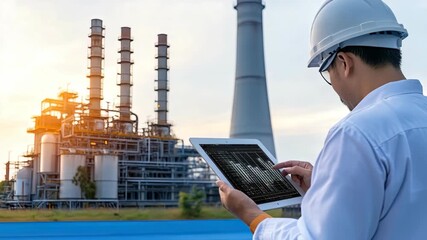 A worker wearing a hard hat uses a tablet to review information at an industrial location during evening light