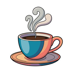 Stylized illustration of a steaming hot coffee cup on a saucer, vibrant colors and bold outlines, perfect for cafe, morning, or beverage concepts.