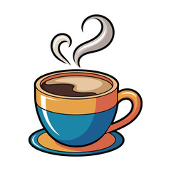 Stylized illustration of a steaming hot coffee cup on a saucer, vibrant colors and bold outlines, perfect for cafe, morning, or beverage concepts.