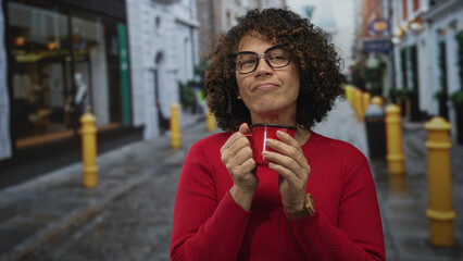 Woman in red sweater holds ceramic mug to nose on cobblestone urban street with yellow bollards and boutique shop windows; serenity.