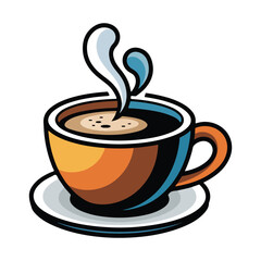 Stylized illustration of a steaming hot coffee cup on a saucer, vibrant colors and bold outlines, perfect for cafe, morning, or beverage concepts.