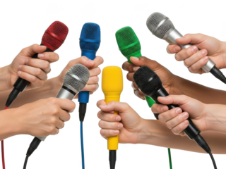 Multiple hands holding colorful microphone for press conference isolated on transparent background