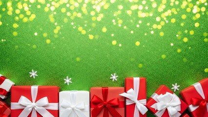 Fototapeta premium Red and white gift boxes with white ribbons on green glitter background image