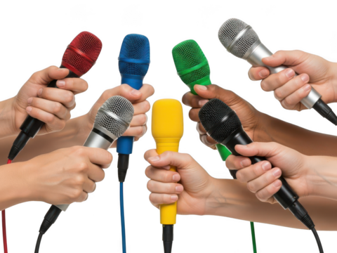 Multiple hands holding colorful microphone for press conference isolated on transparent background