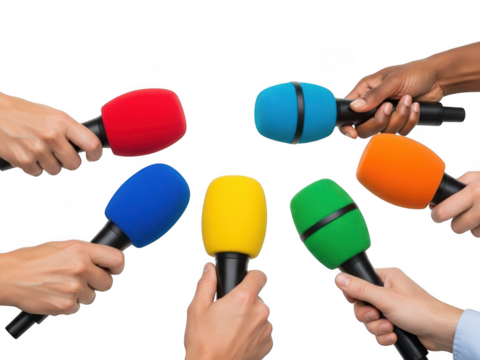 Multiple colorful microphone heads held by hands isolated on transparent background - Powered by Adobe