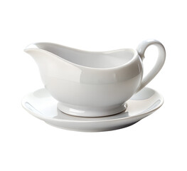 White ceramic gravy boat with saucer isolated on transparent background