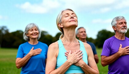 Seniors practicing yoga outdoors with hands on chest seniors, yoga, outdoors, meditation, breathing, exercise, health, wellness, relaxation, peace, calm, nature, park, green grass, blue sky, clouds, w
