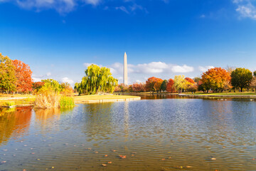 Obraz premium View of Washington Monument with Fall Foliage and Water Reflection