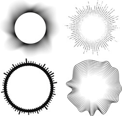 Black podcast sound wave patterns with varying amplitude bars for audio visualization and media interfaces. Music wave line sound one noise icon audio frequency. 