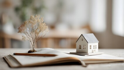 A miniature model of an entire house placed on top of blueprints with a pencil and on a desk