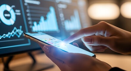 Person using smartphone with financial charts on screen.