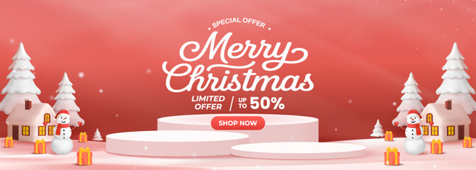 Merry Christmas Sale Banner With Snowy Village, Snowmen, Gifts, And Center Stage Podium