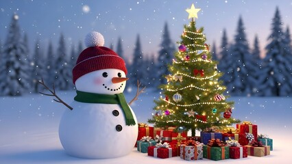 Fototapeta premium Festive Snowman and Decorated Christmas Tree with Gifts in a Winter Wonderland Scene