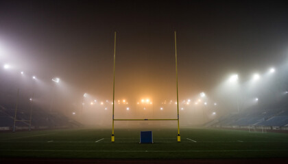 Atmospheric football stadium shrouded in heavy fog at night, with bright stadium lights illuminating the towering goalposts on a silent, empty field, creating a dramatic and mysterious scene