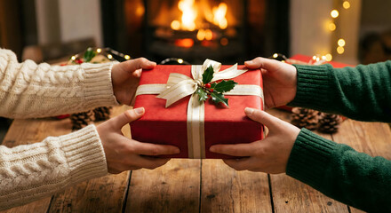 Hands Exchanging Christmas Gift in Cozy Holiday Setting by Warm Fireplace