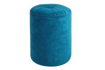 Teal velvet upholstered pouf or ottoman with tufted button, contemporary furniture object in cylinder shape