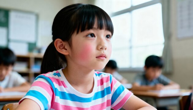 Young East Asian girl in classroom looking away child girl, child, asian, east asian, young, student, classroom, school, education, learning, thinking, looking away, pensive, thoughtful, pink, blue, w