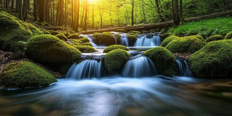 Serene Tranquil Rainforest Stream Flowing Over Mossy Boulders and Cascading Waterfalls in Nature