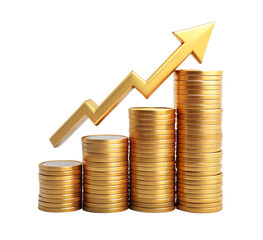 Gold coin stacks with upward arrow showing growth isolated on transparent background