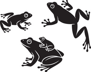 Three black silhouettes of frogs amphibians on transparent background illustration vector art