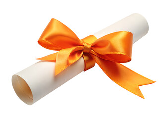 Diploma scroll tied with orange ribbon isolated on transparent background
