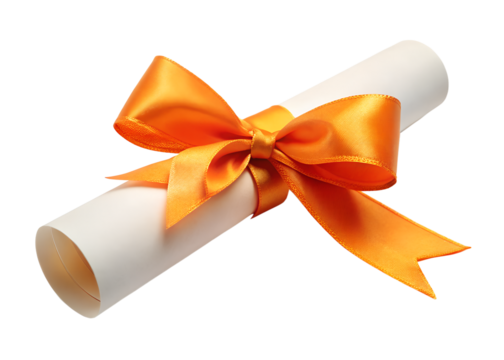 Diploma scroll tied with orange ribbon isolated on transparent background - Powered by Adobe