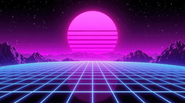 Retro futuristic landscape with glowing grid and pink sun - Powered by Adobe