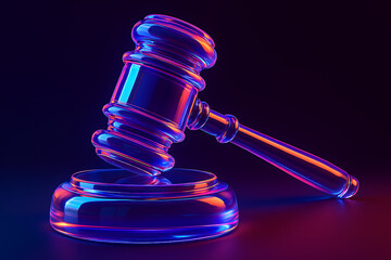 Abstract holographic court gavel with colorful neon reflections representing authority decision rules and legal justice system in digital style