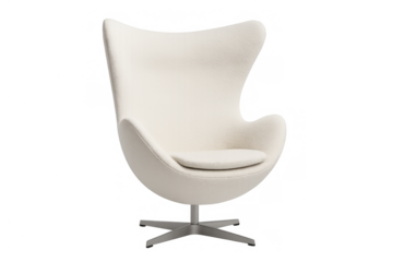 White mid-century modern style armchair with egg shape design. Designer furniture with comfortable fabric upholstery on transparent background