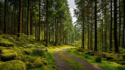 Fototapeta premium Lush Green Forest Path: A Serene Landscape with Sunlight Filtering Through Trees