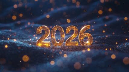 Golden 2026 new year number festive celebration background with bokeh lights perfect for holiday greetings and event invitations