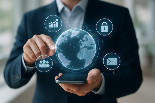 Businessman interacting with digital holographic earth symbolizing modern internet global communication business networking finance and data security