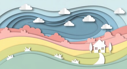 Colorful abstract landscape with paper cut clouds and house