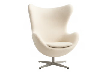 Classic design chair upholstered in cream fabric, featuring a comfortable egg shape and modern metal base, transparent background