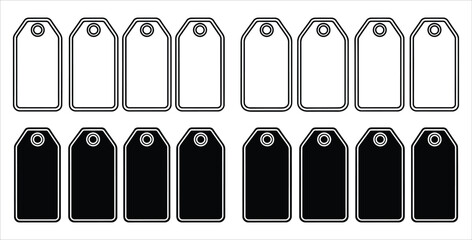 Black and white price tags arranged in two rows on a plain background for design use