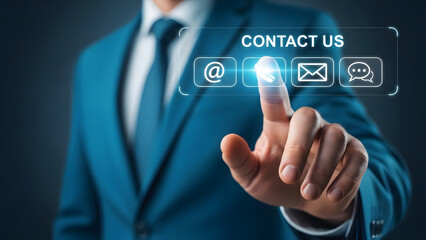 Businessman touching contact us icons on digital screen