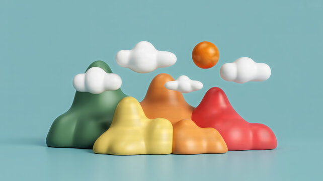 Colorful 3d cartoon mountains with clouds and sun