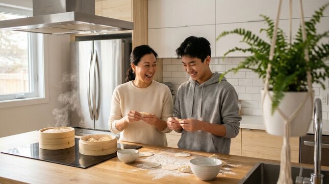 Mother and son preparing dumplings in modern kitchen, family bonding and cooking at home, homemade culinary activity joyful interaction concept
