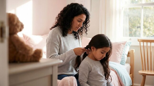 Mother gently braiding young daughter's hair in cozy bedroom, morning routine bonding and caring family moment, nurturing loving relationship indoor parenting lifestyle concept - Powered by Adobe