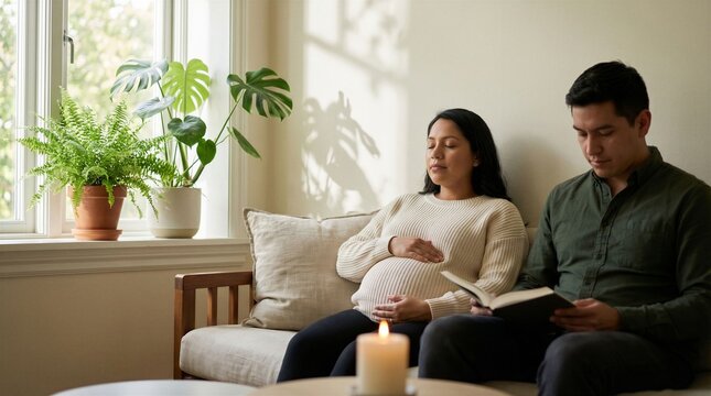 Pregnant woman resting on a cozy sofa beside her partner reading a book, soft natural light filtering through the window, peaceful home relaxation during pregnancy, expectant parents comfort concept