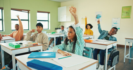 Education, raised hands and answer with children in classroom for student opinion, quiz discussion and attention. Course guidance, question and problem solving solution with kids in school for lesson