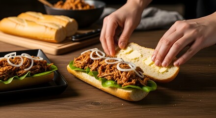 Preparing a Delicious Pulled Pork Sandwich with Fresh Ingredients.