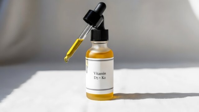Transparent glass dropper bottle with vitamin D3 K2 liquid for modern wellness and immune system support inspiration