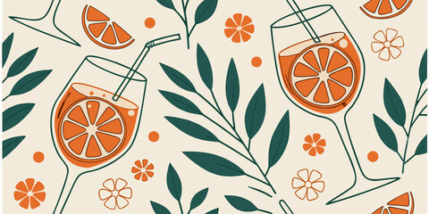 An artistic depiction of two refreshing orange cocktails with leaves and citrus elements against a light background, showcasing summer vibes and delightful colors