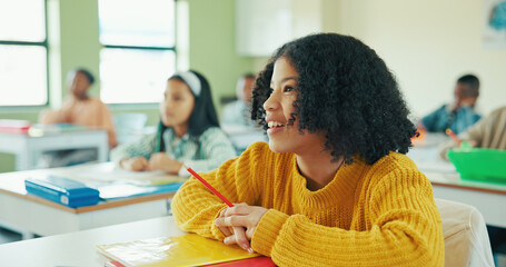 Smile, education and listening with girl in classroom for lesson, child development and knowledge. Studying, happy and academy with student on school campus for learning, course curriculum and growth