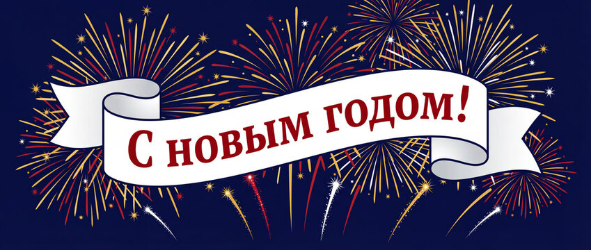 Digital composite of russian orthodox happy new year text over fireworks