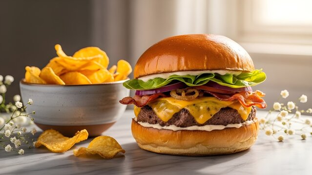 Burger bun whith potos chips