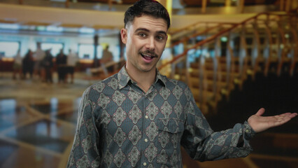 Young hispanic man in hotel indoors extending hand confidently, showcasing the elegant lobby surroundings with people blurred in background.