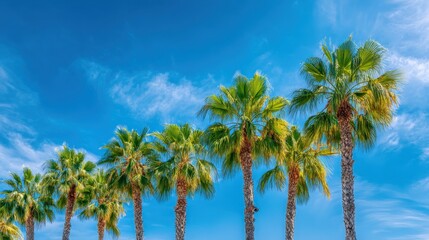 Tropical Palm Trees Against a Blue Sky with Cirrus Clouds on a Sunny Day